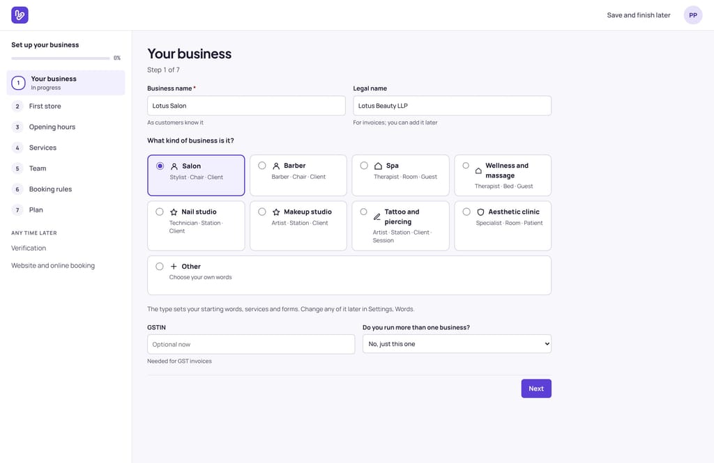 Snapshot of Vizzit set-up: choosing the business type